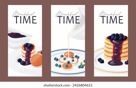 Breakfast banners template food design vector. Pancakes, cheesecakes, waffles, raspberries, strawberries, jam, maple syrup, honey, berries. Sweet breakfast. For advertising, flyer, postcard
