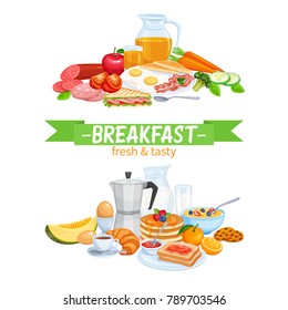 Breakfast Banners Template Food Design Vector. Jug of Milk, Coffee Pot, Cup, Fruits and Vegetables. Baking, Orange Juice, Sandwich and Fried Eggs. Pancakes and Toast with Jam.