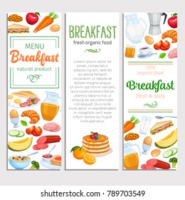 Breakfast Banners Template Food Design Vector. Jug of Milk, Coffee Pot, Cup, Fruits and Vegetables. Baking, Orange Juice, Sandwich and Fried Eggs. Pancakes and Toast with Jam.