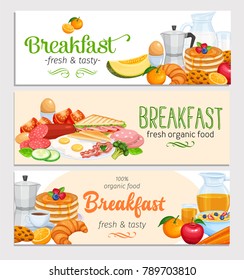 Breakfast Banners Template Food Design Vector. Jug of Milk, Coffee Pot, Cup, Fruits and Vegetables. Baking, Orange Juice, Sandwich and Fried Eggs. Pancakes and Toast with Jam.