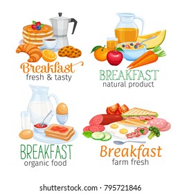 Breakfast banners template food design vector. Jug of milk, coffee pot, cup, fruits and vegetables. Baking, orange juice, sandwich and fried eggs. Pancakes and toast with jam.