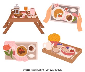 El Desayuno Se Sirve En Una Cama Con Mesas Encantadoras Que Incluyen Una Copa De Café Al Vapor, Pasteles Frescos, Fruta Vibrante Y Un Comedor Fragante, Lo Que Crea Un Tranquilo Restaurante De Mañana. Ilustración del vector de dibujos animados