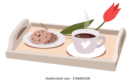 Breakfast in bed with coffee, tulip and oat cookies.Tasty breakfast in bed on wooden tray.Perfect for greetings, cards, posters, congratulations  or store.