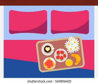 Breakfast in bed concept with coffee, croissant, strawberry, orange juice, toast with jam, vector illustration. Tray with breakfast in the bedroom, top view
