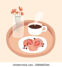 Breakfast in bed concept. Pancakes with strawberry, cup of coffee and flowers in jar on a tray. Isolated vector illustration on white background