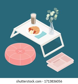 Breakfast in bed set. Isometric vector illustration in flat design.