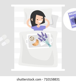 Breakfast in bed. Top view. Coffee, croissant and a bouquet of lavender flowers on a tray. Romantic relationships concept. Young character lying in bed. Flat 2.0 editable vector illustration, clip art