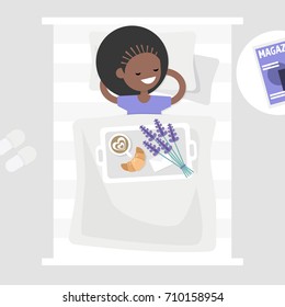 Breakfast in bed. Top view. Coffee, croissant and a bouquet of lavender flowers on a tray. Romantic relationships concept. Young character lying in bed. Flat 2.0 editable vector illustration, clip art