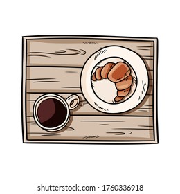 Breakfast to bed tray. Croissant with coffee on a decorative old wooden rustic tray doodle. Top view hand drawn illustration with black coffee and pastry. Vector isolated stock image