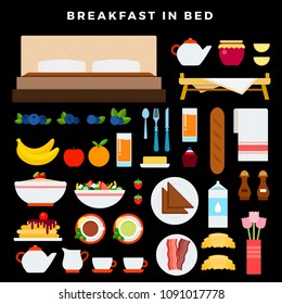 Breakfast in bed vector flat illustration. Set with bed, teapot, table, fruit, banana, honey, vegetables salad, pancakes, milk, croissants, bacon for website (shop). Isolated on a black background.