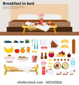 Breakfast in bed vector flat illustrations. Table with breakfast in the bedroom. Eating concept. Food, fruits, cakes, meat isolated on white background