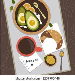 breakfast in bed vector. hearty breakfast. I love you