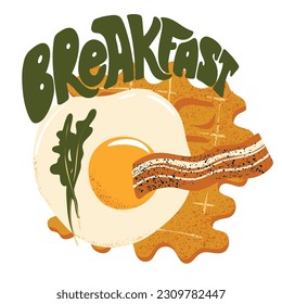 Breakfast. Belgian waffle, fried egg, bacon and arugula leaves. Illustration in retro style for breakfast menu, flayers or posters and others.