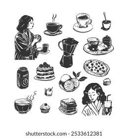 Breakfast and Beverage Collection - Hand-Drawn Line Art. Black and white line art collection featuring breakfast items, drinks, and desserts. Ideal for menus, cafe designs, or cozy culinary visuals.