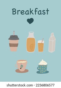 Breakfast beverages coffee juices milk tea