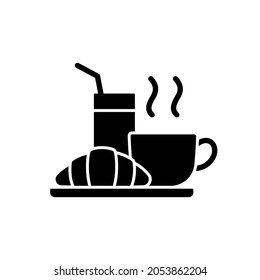 Breakfast black glyph icon. Light morning meal consisting of pastries and baked goods, fruits and coffee. Hotels charge extra money. Silhouette symbol on white space. Vector isolated illustration