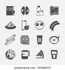 Breakfast black icons. Corn flakes, cereal, juice, milk, coffee, eggs, cake, sausages, pancakes, bacon. Vector illustration.