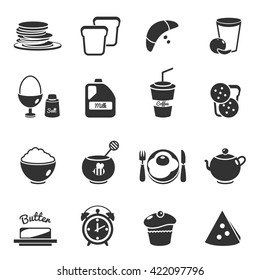 Breakfast black isolated icon set with description of different meals and foods to eat in the morning vector illustration