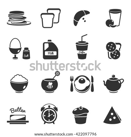 Breakfast black isolated icon set with description of different meals and foods to eat in the morning vector illustration