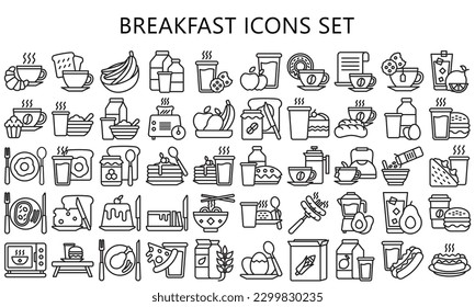 Breakfast black outline icons set, contain bread, milk, cake, tea, juice, croissant, glass, coffee and more. use for modern concept, UI or UX kit, web and app. vector EPS 10 ready convert to SVG. svg