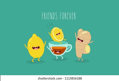 Breakfast, black tea, cup of tea, funny lemon, ginger. Funny food. Vector illustrations. Use for cards, fridge magnets, stickers, posters.