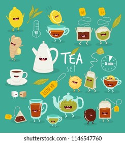 Breakfast, black tea, green tea, oreo cookie, cups, pots, biscuits, lemons, tea bags, kettle, ginger, cartoon characters. Vector illustration tea set. Color cute happy smiling teatime objects. 