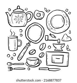 Breakfast Black And White Doodle Set, Square Card. Cute Hand Drawn Kitchen Items Collection. Sketch Cookware, Crockery, Dishes,  Tableware Elements Design, Clip Art