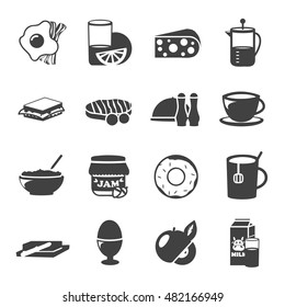 Breakfast black white icons with porridge and fruit cheese and eggs drinks and pastry isolated vector illustration