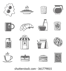 Breakfast black white icons set with croissants tea and jam flat isolated vector illustration 