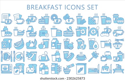 Breakfast blue color icons set, contain bread, milk, cake, tea, juice, croissant, glass, coffee and more. use for modern concept, UI or UX kit, web and app. vector EPS 10 ready convert to SVG. svg