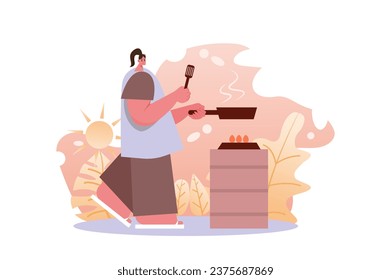 Breakfast and body positive concept with people scene in the flat cartoon design. The girl prepares a healthy breakfast to get energy for the whole day. Vector illustration.