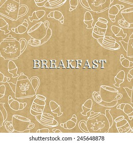 Breakfast border with doodle coffee cup, croissant, boiled egg, tea pots, jam and pancakes. Frame with hand drawn morning food elements on brown kraft paper background.