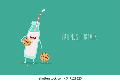 Breakfast, bottle of milk and cookies comic characters. Vector cartoons. Friends forever. Use in the menu, in the shop, in the bar, the card or stickers.