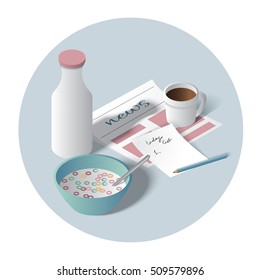 Breakfast. Bottle of milk, cup of coffee, newspaper, corn flakes, paper, pen. Isometric vector illustration.