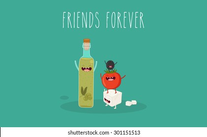 Breakfast, bottle olive oil, tomato, olive, feta, greek salad. Comic characters. Vector cartoon. Use for the menu, in the shop, in the bar, the card or stickers. Easy to edit.