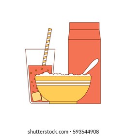Breakfast. Bowl of oatmeal and glass of orange juice. Vector illustration