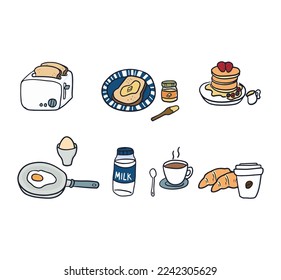 
breakfast bread Boiled eggs, milk, hot coffee, bread, pancakes
