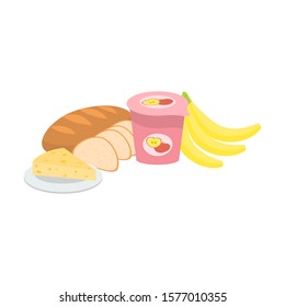 Breakfast with bread, cheese, yogurt and bananas vector illustration