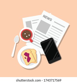 Breakfast With Bread, Coffee/ Hot Chocolate Drink, Phone, Spoon, Plate And News Paper Vector Illustration