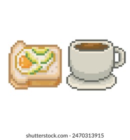 Breakfast of bread with egg, avocado and cup of coffee, pixel art food