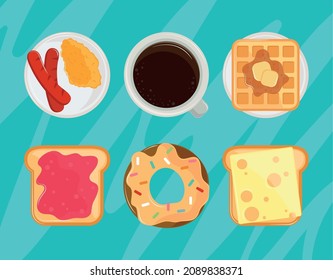 breakfast bread and eggs icon set