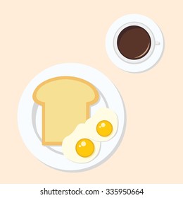 Breakfast. Bread and Fried Eggs on plate with coffee. On light background. Vector.