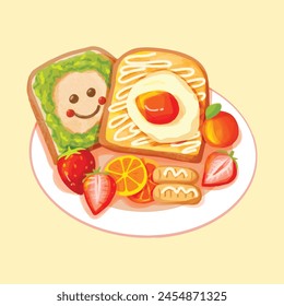 Breakfast bread with jam, fruit and sausage
