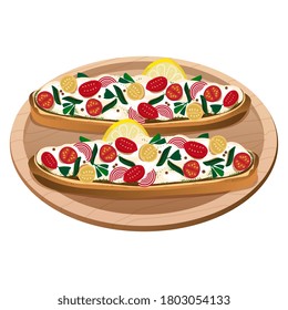 Breakfast bread toasts bruschette o crostini  on wooden plate with topping -  butter, cheese, cream, tomato, lemon. Vector illustration on white background.