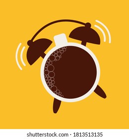 Breakfast break or drink cappuccino flat design creative. alarm clock black Coffee shape vector cartoon sign. Good morning symbol concept & time to wake up or get up icon. simple clean wecker ringing
