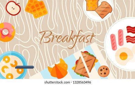 Breakfast brunch banner concept vector illustration. Healthy start day. Eating in the morning. Food collection with apple, sandwich toast, croissant and fried eggs with bacon sausages.