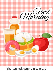 Breakfast brunch banner concept vector illustration. Healthy start of day. Eating in morning. Food collection with apple, sandwich toast, donut, boiled eggs and bottle of juice.