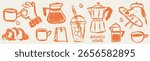 Breakfast or brunch with coffee and croissant doodle vector illustrations. Coffee cup mug icon in chalk, charcoal drawing style. Minimalist line art illustration for menus design, cafe decor or print.
