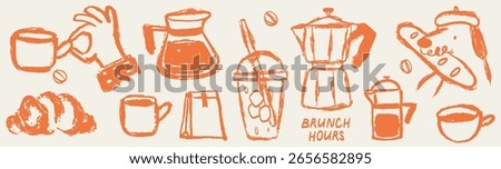 Breakfast or brunch with coffee and croissant doodle vector illustrations. Coffee cup mug icon in chalk, charcoal drawing style. Minimalist line art illustration for menus design, cafe decor or print.