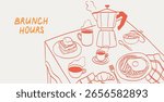 Breakfast or brunch with coffee doodle vector illustrations. Morning coffee cup mug on served table in cafe or restaurant. Minimalist line art illustration for menus design, cafe decor or print.